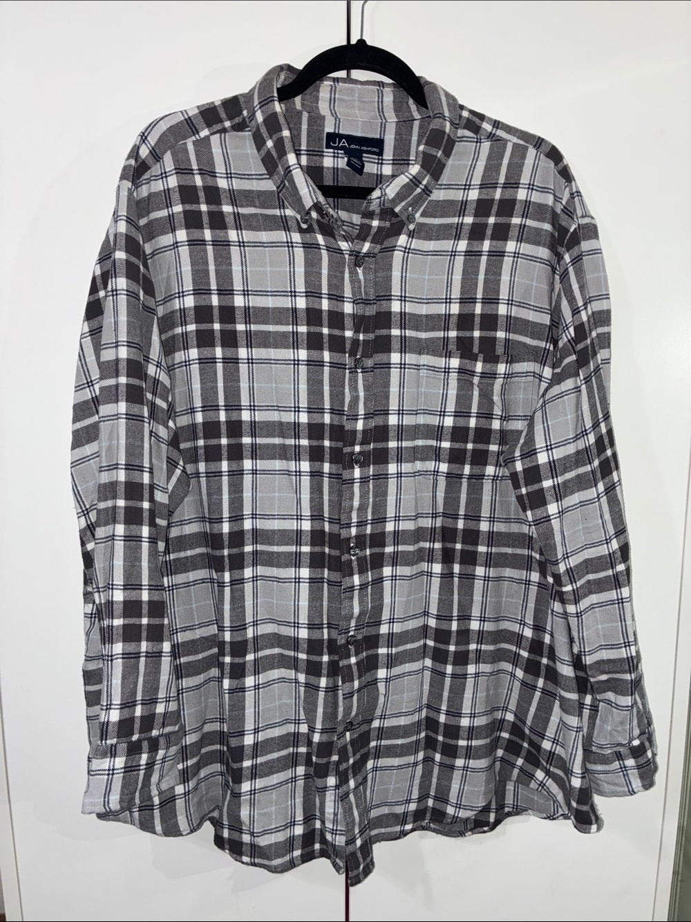 John Ashford 2X Gray Cotton Plaid Button-Down Shirt Men's Casual Long Sleeve